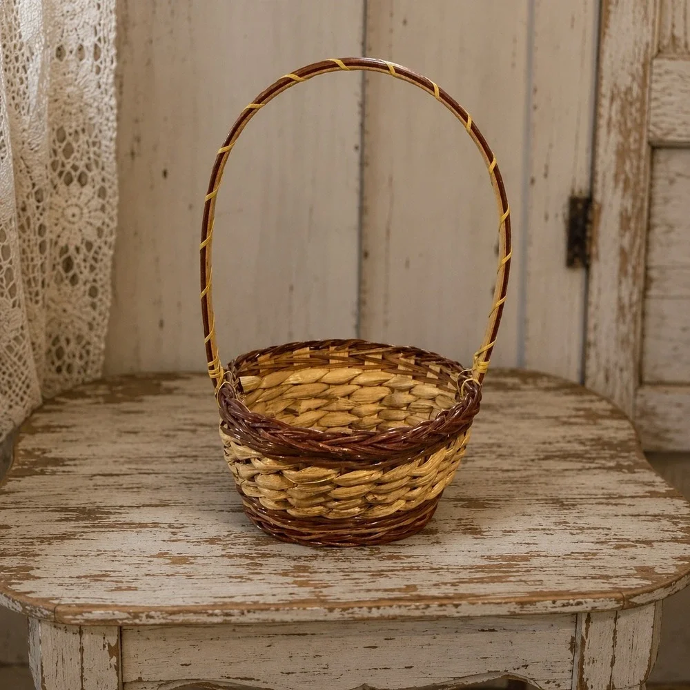 Vintage Two Tone Woven Wicker Basket with High Handle 13in x 8.5in x 7.5in